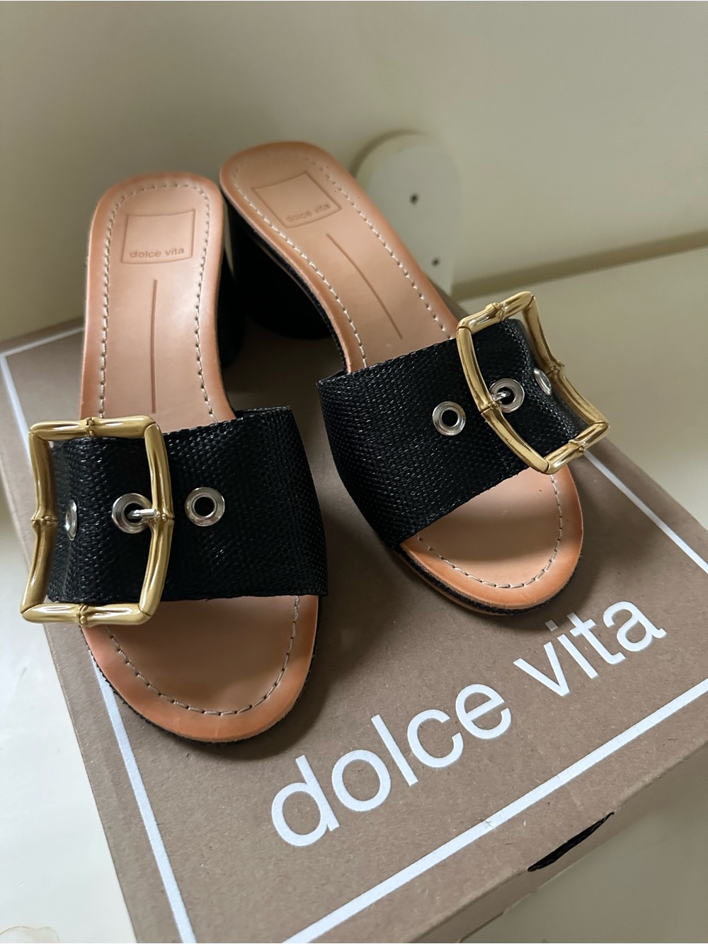 Dolce Vita Black Raffia Slide Sandals with Gold Buckles